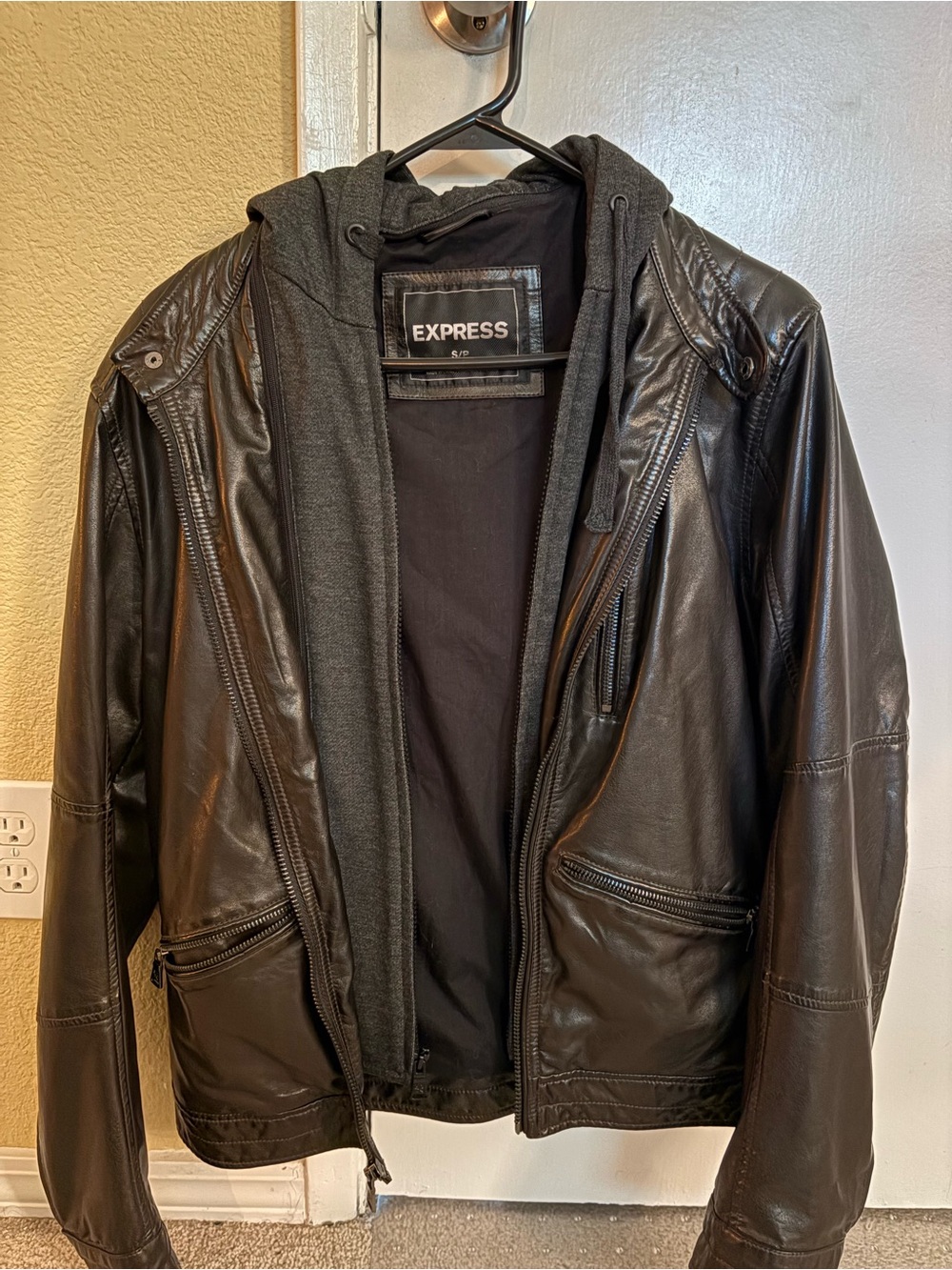 Express Brown Faux Leather Bomber Jacket with Hooded Insert